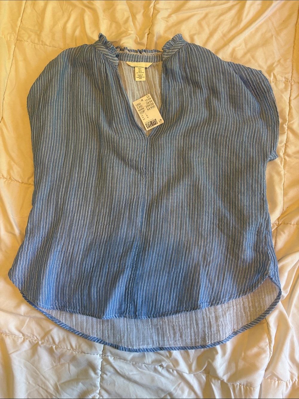 H&M Blue and White Striped Ruffle-Neck Blouse